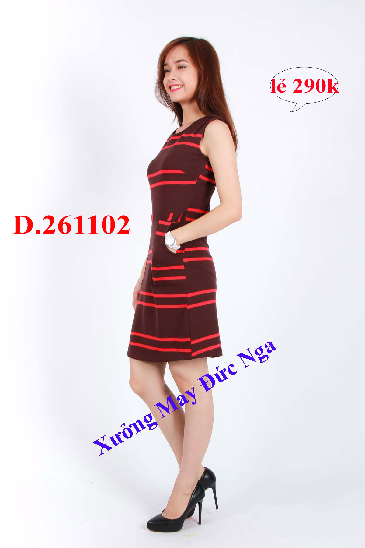 Váy đầm phối sọc đỏ, thun 4 chiều co giãn tốt D.261102