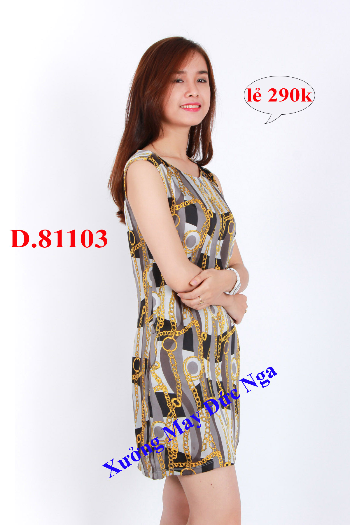 Váy đầm vải phi, họa tiết vòng vàng sang trọng, D.8110