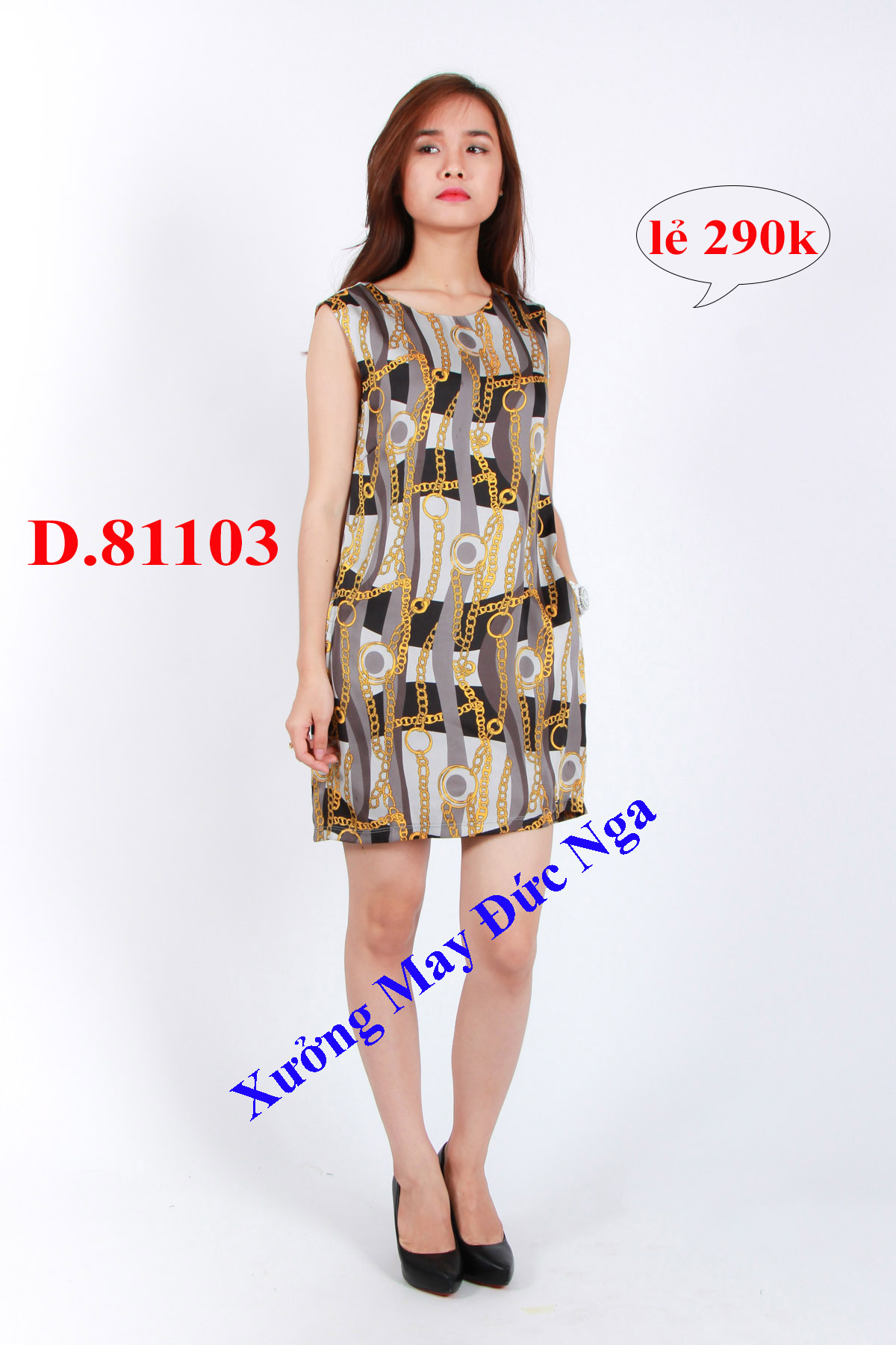 Váy đầm vải phi, họa tiết vòng vàng sang trọng, D.8110