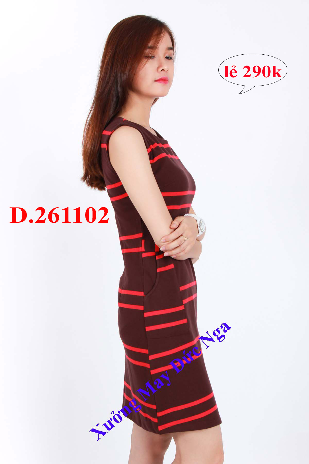 Váy đầm phối sọc đỏ, thun 4 chiều co giãn tốt D.261102
