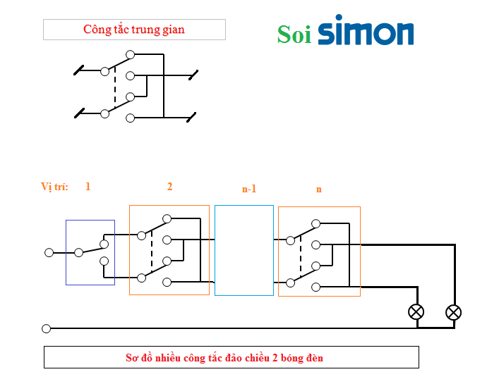 Sơ đồ đấu nhiều công tắc đảo chiều 2 bóng đèn