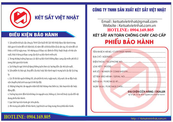 Phiếu bảo hành két sắt van tay Việt Nhật