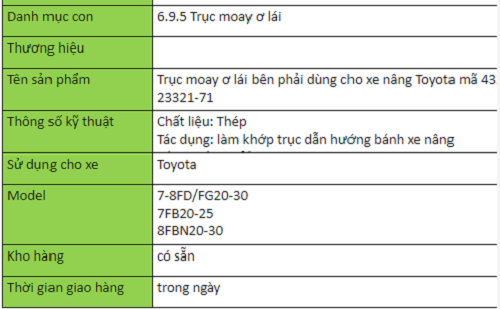 Trục moay ơ lái bên phải dùng cho xe nâng Toyota mã 43211-23321-71