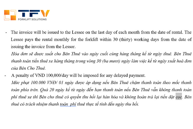 Điều khoản về tiền đặt cọc xe nâng