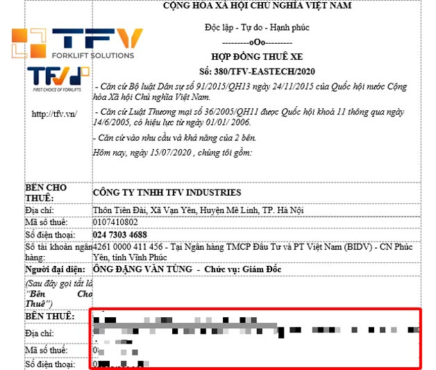 Hợp đồng cho thuê xe nâng tại TFV