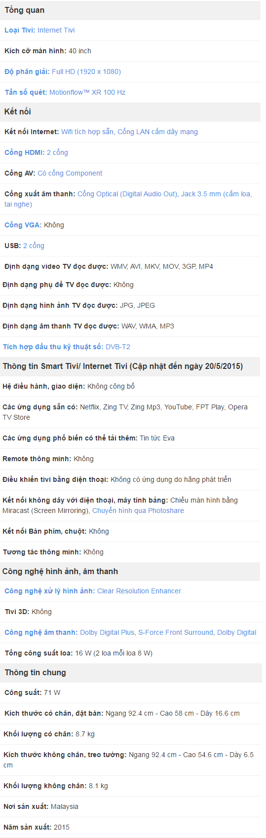 Thông số Tivi Led Internet SONY KDL40R550C 40 Inch
