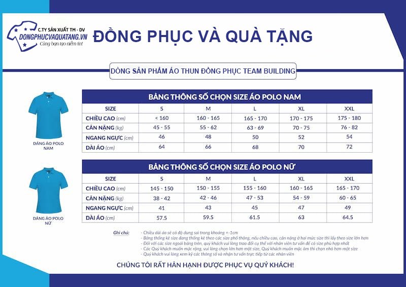 Kích thước form size áo thun đồng phục tại Đồng Phục Và Quà Tặng