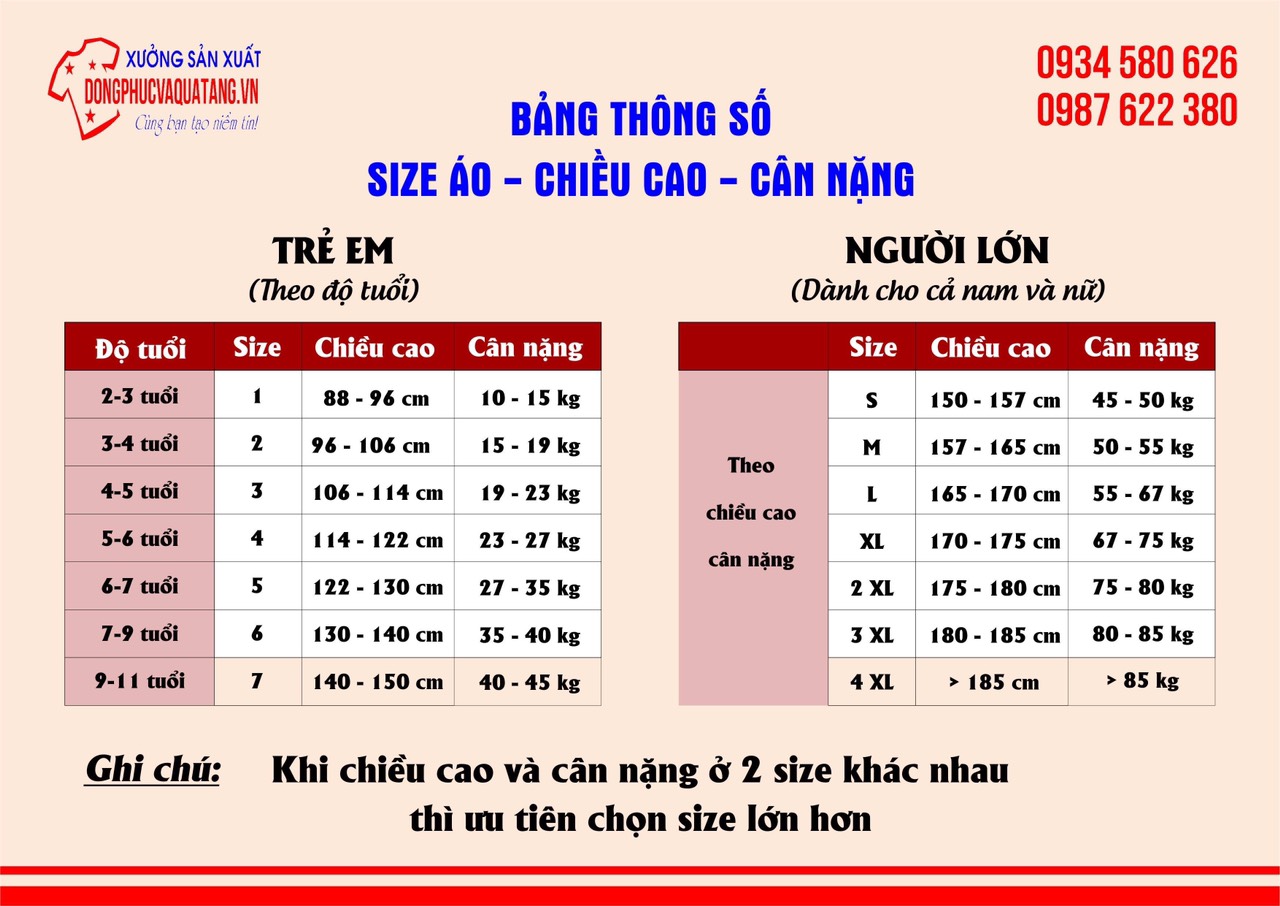 Bảng size áo thun đồng phục giới trẻ công giáo