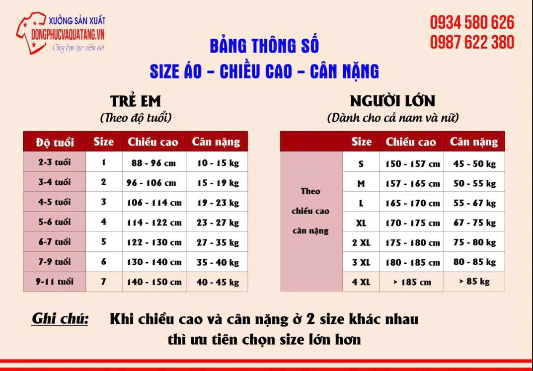 Bảng size áo thun đồng phục công giáo