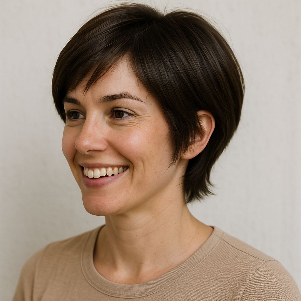 Tóc giả ngắn như kiểu bob layer, pixie giúp gương mặt sáng và trẻ hơn nhiều so với tuổi thật