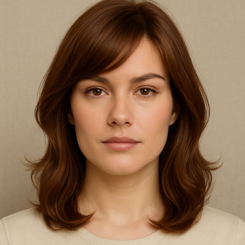 Mái chéo mềm mại hoặc mái phồng nhẹ nhàng ở chân tóc sẽ giúp làm dịu đi các đường nét góc cạnh của khuôn mặt vuông