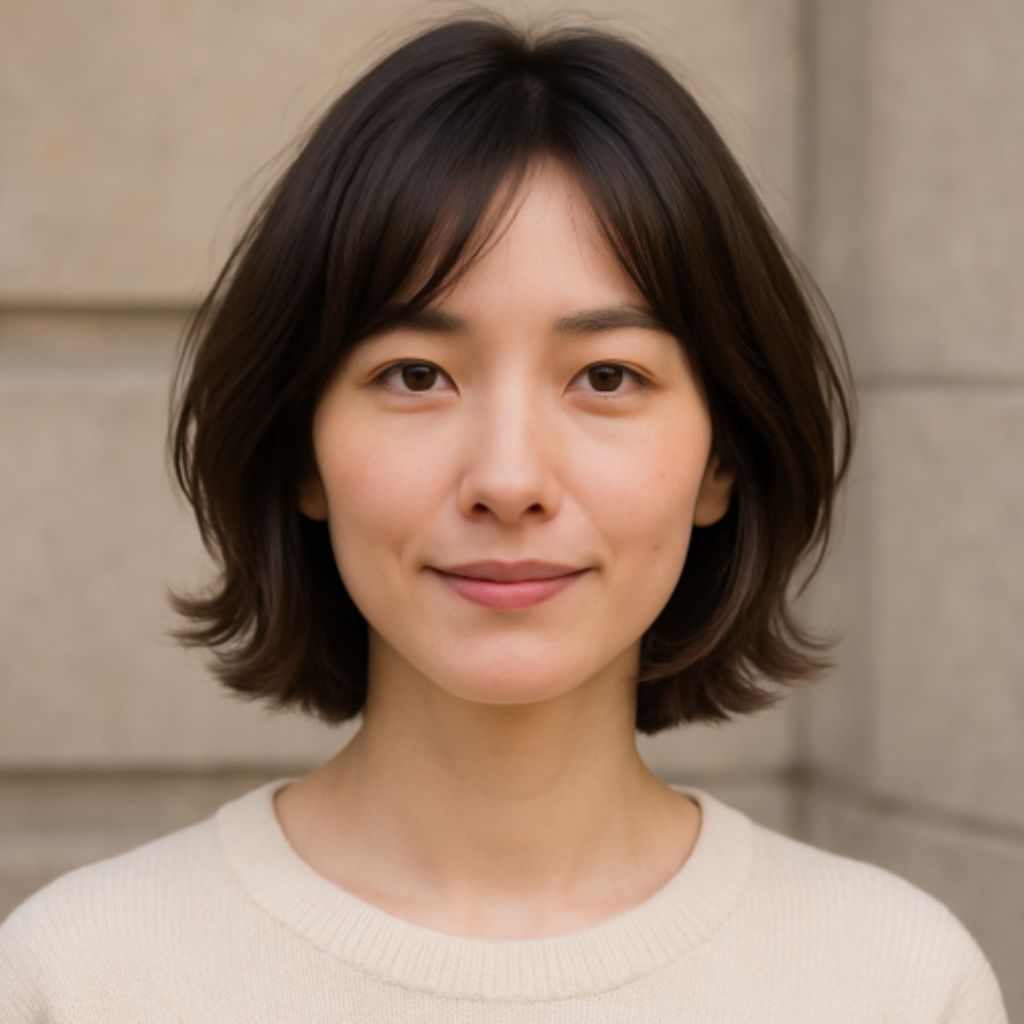 Tóc ngắn uốn phồng hoặc bob layer ôm mặt giúp rút ngắn gương mặt.