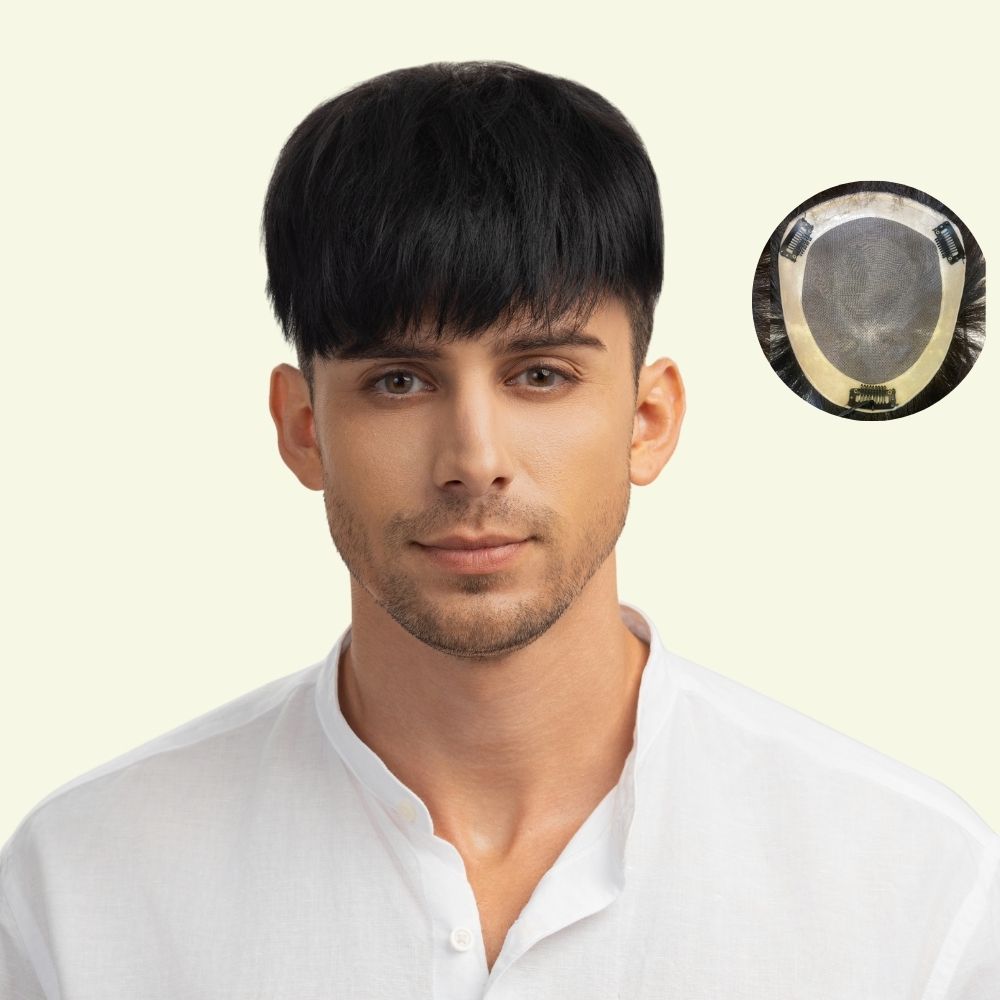 Tóc giả nam che phủ đỉnh Layer mái xéo nâu đen