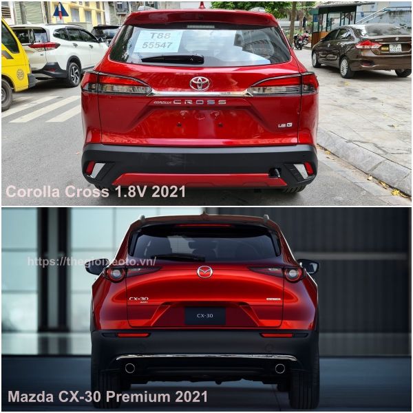 Phần đuôi xe giữa Toyota Cross 1.8V và Mazda CX-30 Premium 2021