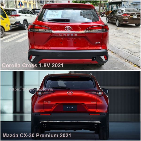 Phần đuôi xe giữa Toyota Cross 1.8V và Mazda CX-30 Premium 2021