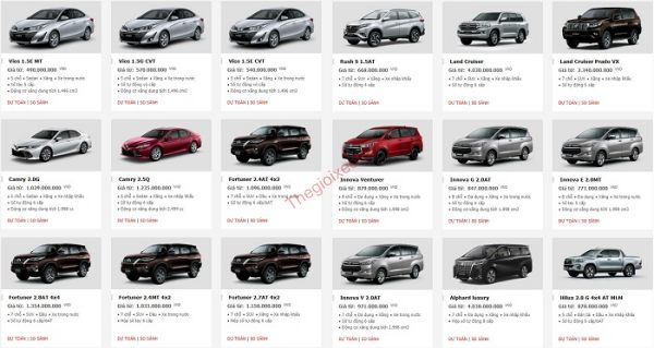Bảng giá các dòng xe tại Toyota Hoài Đức