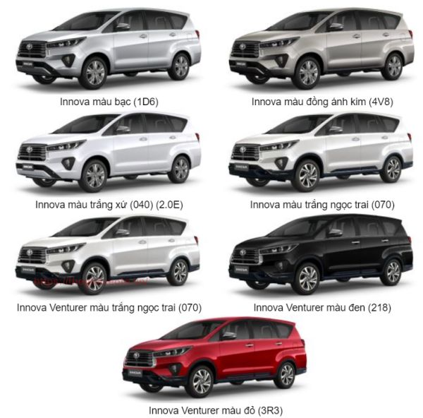 bảng màu xe toyota innova 2021