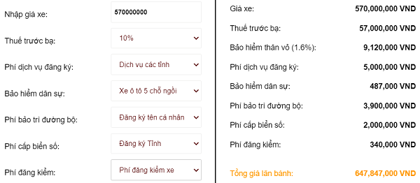 Bảng mẫu tính giá lăn bánh xe Vios G Toyota tại Bình Thuận