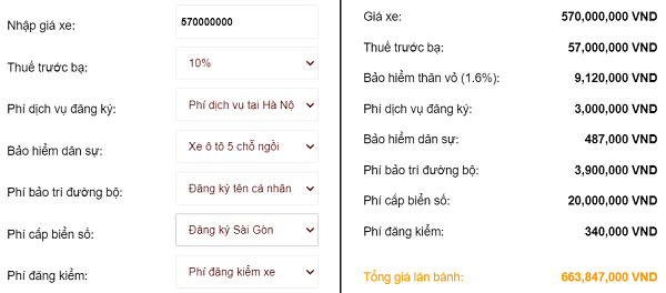 Bảng mẫu tính giá lăn bánh xe Vios G Toyota tại TP Hồ Chí Minh
