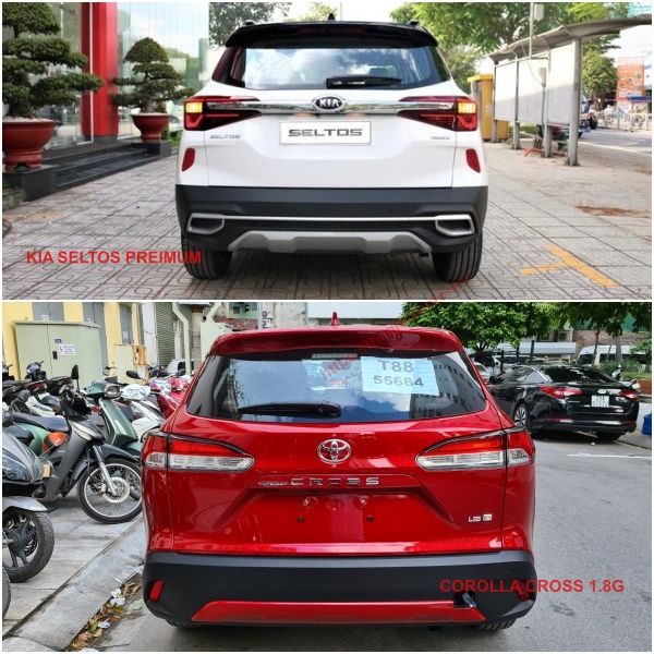 đuôi xe toyota Corolla Cross 1.8G 2021 và Kia Seltos Premium 2021