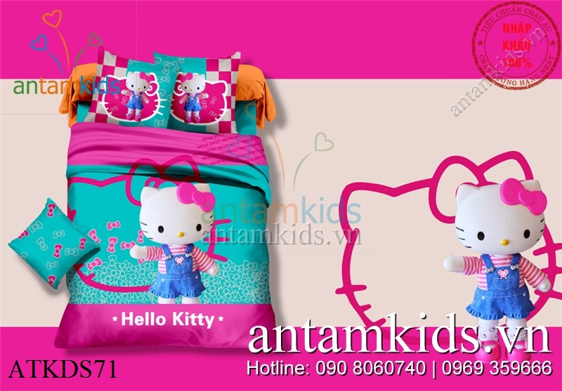Bộ chăn ga gối Hello Kitty 3D váy xanh xinh yêu cho bé gái, drap mền Hello Kitty