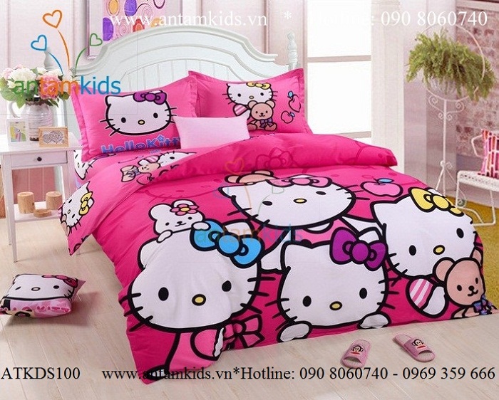 Chăn mền drap Hello Kitty ATKDS100 - Chan ga goi hoat hinh cho be trai be gai AnTamKids
