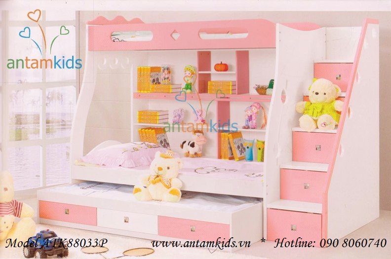 Giường ngủ 3 tầng ATK88033P màu xanh cho bé trai, màu hồng cho bé gái đẹp tuyệt