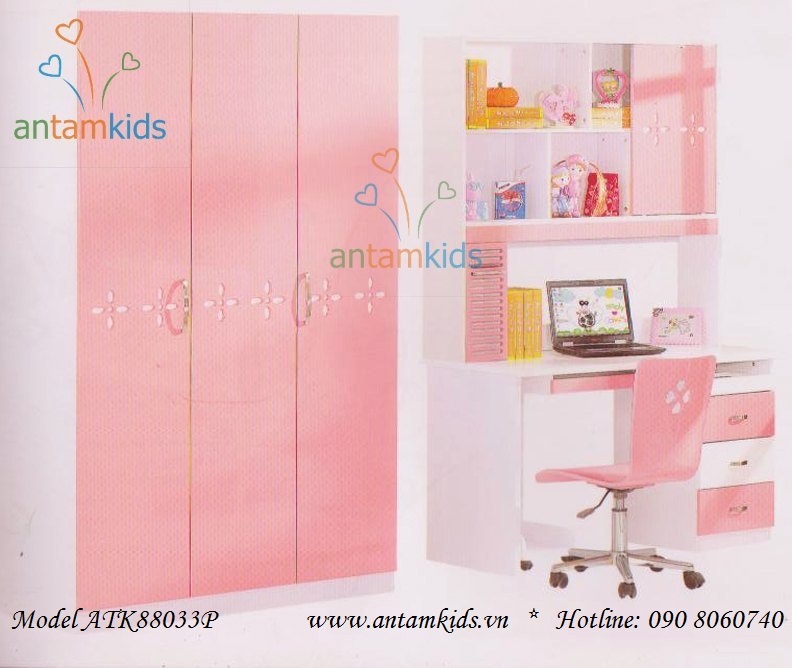 Giường ngủ 3 tầng ATK88033P màu xanh cho bé trai, màu hồng cho bé gái đẹp tuyệt