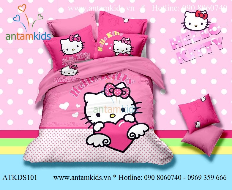 Chăn mền drap Hello Kitty dễ thương - Chan ga goi hoat hinh cho be trai be gai AnTamKids