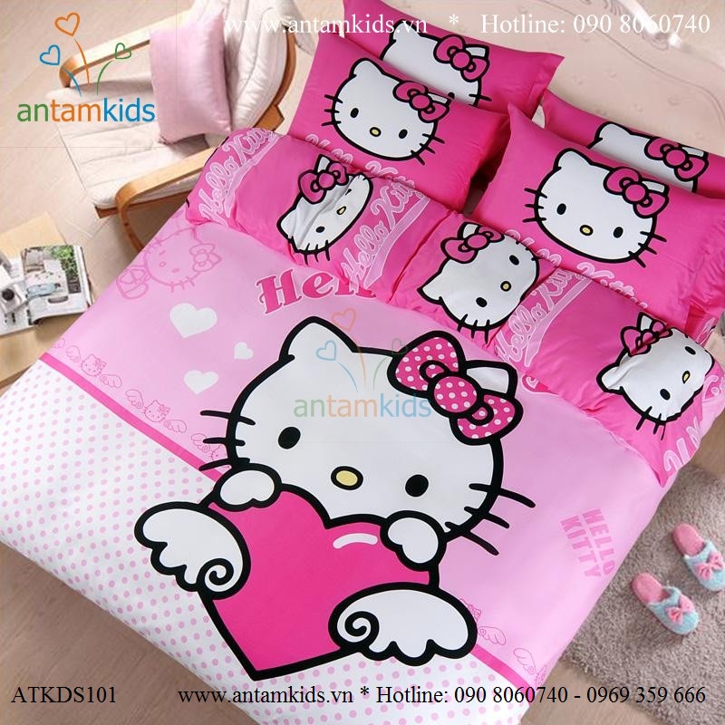 Chăn mền drap Hello Kitty dễ thương - Chan ga goi hoat hinh cho be trai be gai AnTamKids