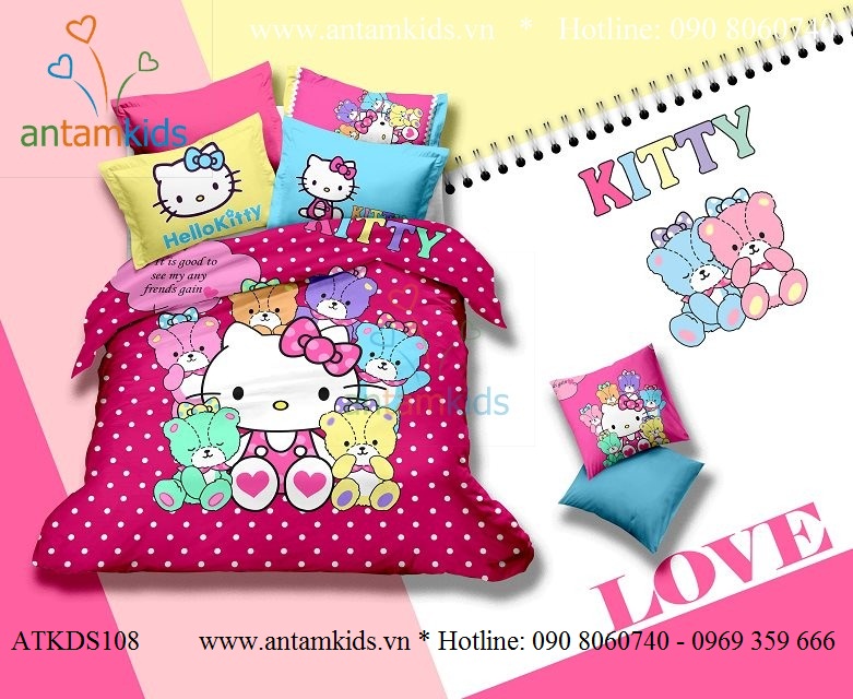 Chăn mền drap Hello Kitty dễ thương - Chan ga goi hoat hinh cho be trai be gai AnTamKids
