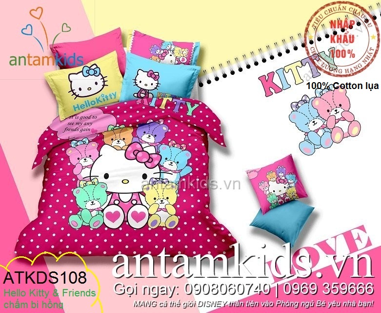 Chăn ga gối đệm Hello Kitty cao cấp chấm bi siêu dễ thương cho bé gái