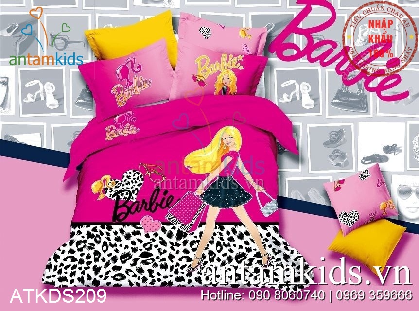 Chăn ga gối drap giường Công chúa Barbie shopping hồng cho bé gái