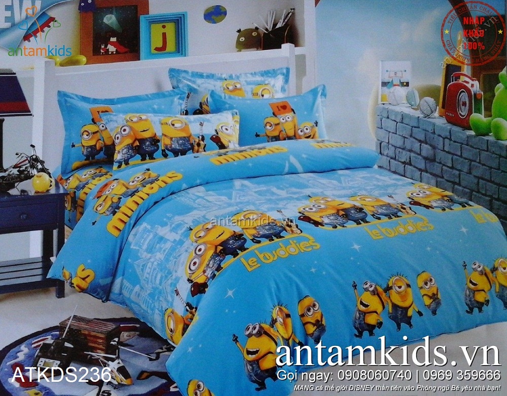 Chăn ga gối Minion ATKDS236 xanh thiên thần cho bé trai bé gái