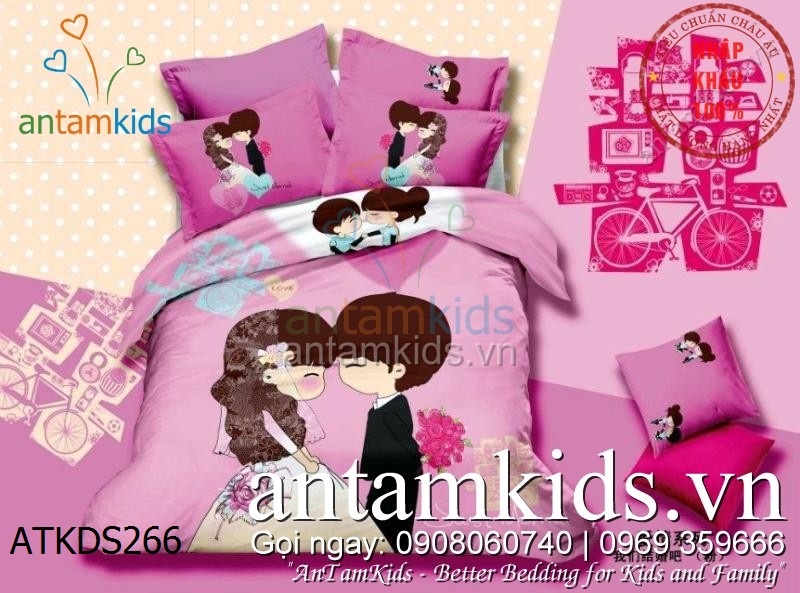 Chăn ga gối đệm hình cô dâu chú rể màu hồng antamkidsvn