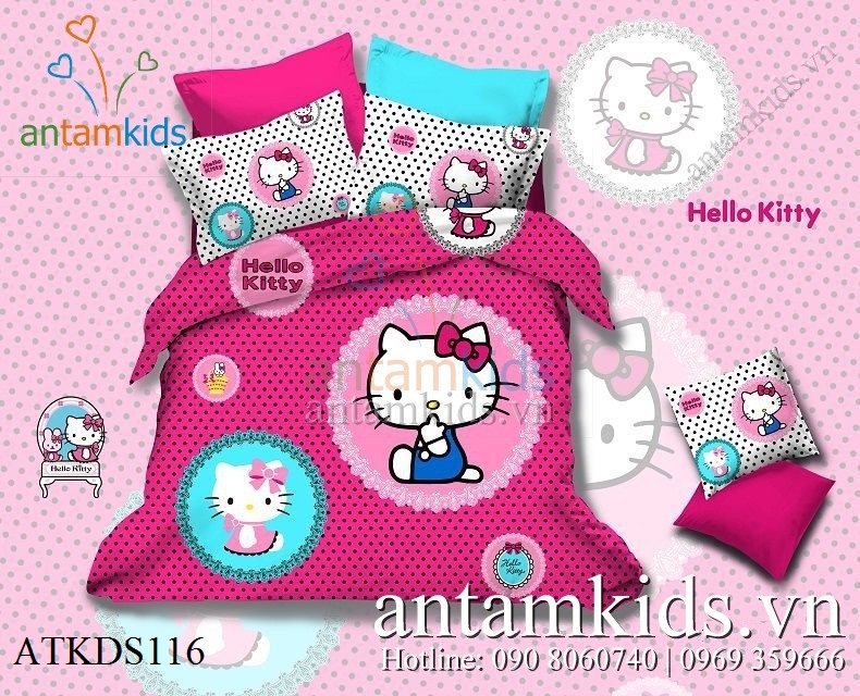 Bộ drap trải giường Hello Kitty, chăn ga gối in hình Hello Kitty cho bé gái