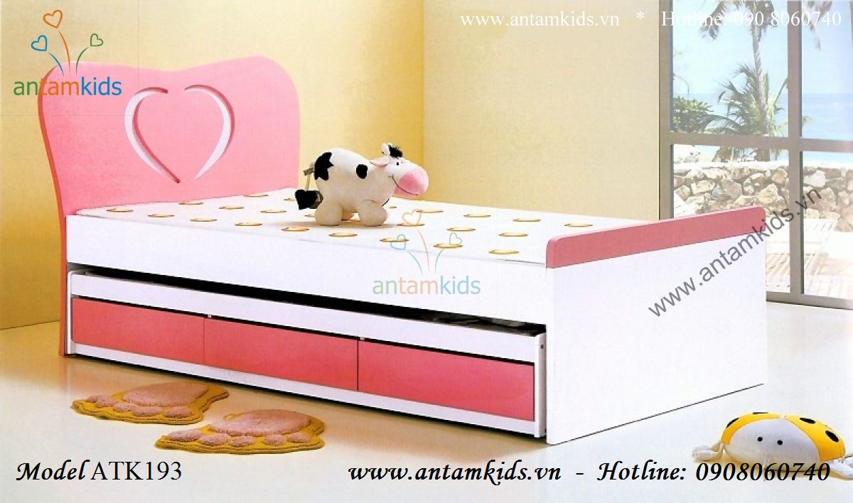 Giường 2 tầng kéo trái tim màu hồng ATK193 cho bé gái