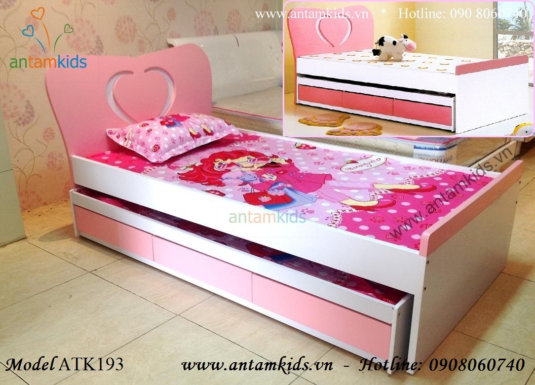 Giường 2 tầng kéo trái tim màu hồng ATK193 cho bé gái