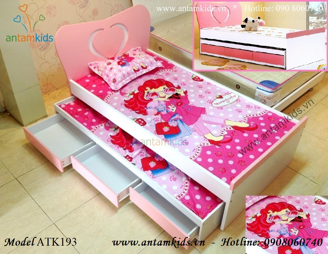 Giường 2 tầng kéo trái tim màu hồng ATK193 cho bé gái