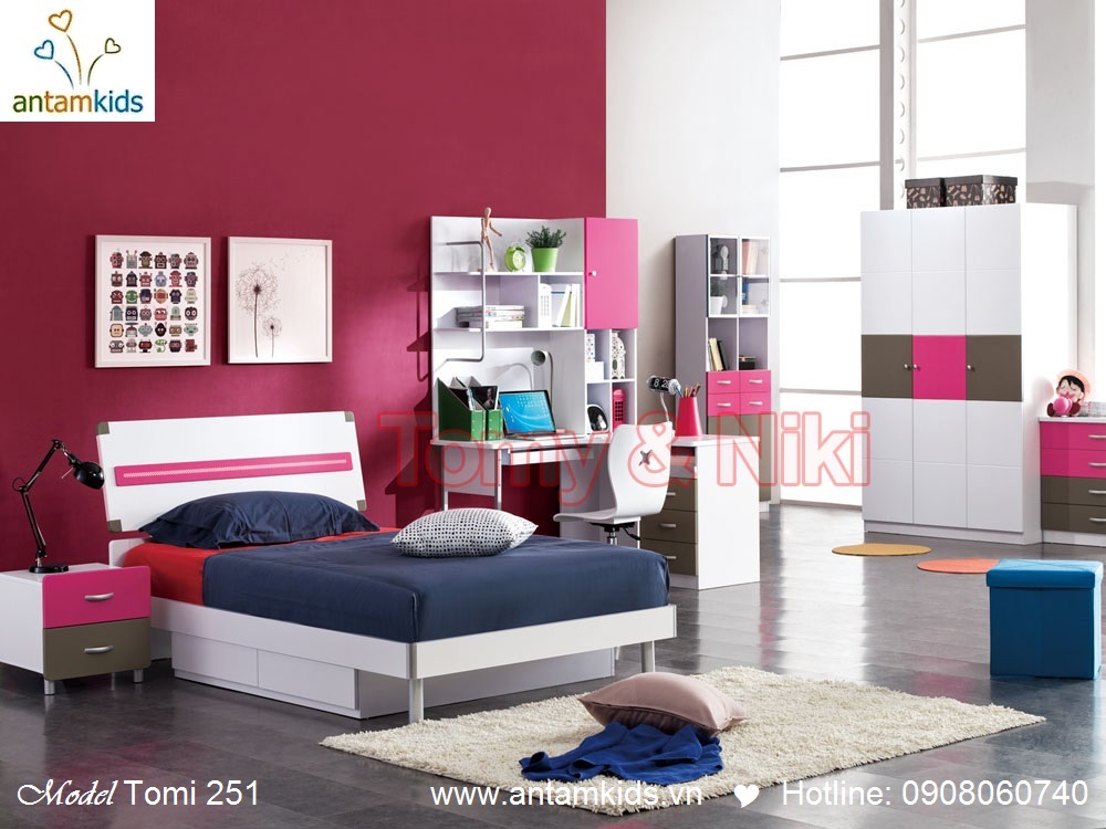 Bộ phòng ngủ cho bé gái Tomi 251 màu hồng cực kute - AnTamKids.vn
