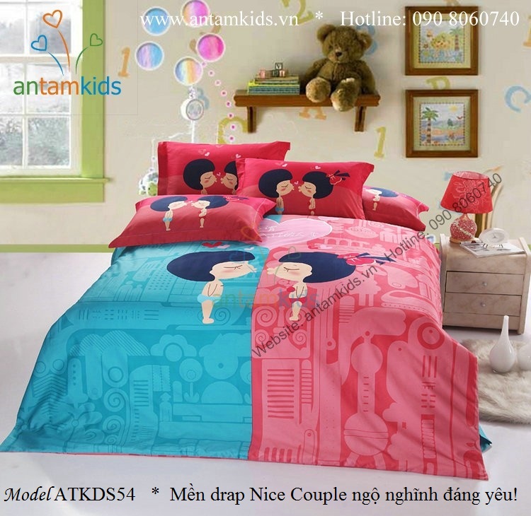 Chăn Mền drap Nice Couple ATKDS54 ngộ nghĩnh đáng yêu xanh hồng dành cho cho bé gái - AnTamKids.vn
