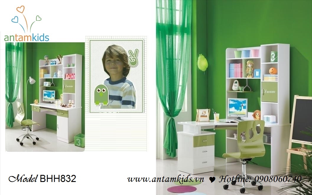 Bàn học trẻ em nhập khẩu BHH832 màu trắng - xanh rêu xinh yêu nhã nhặn dành cho bé trai - AnTamKids.vn