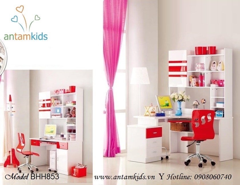 Bàn học liền giá sách BHH853 màu đỏ trắng cá tính đẹp rạng rỡ lung linh - AnTamKids.vn