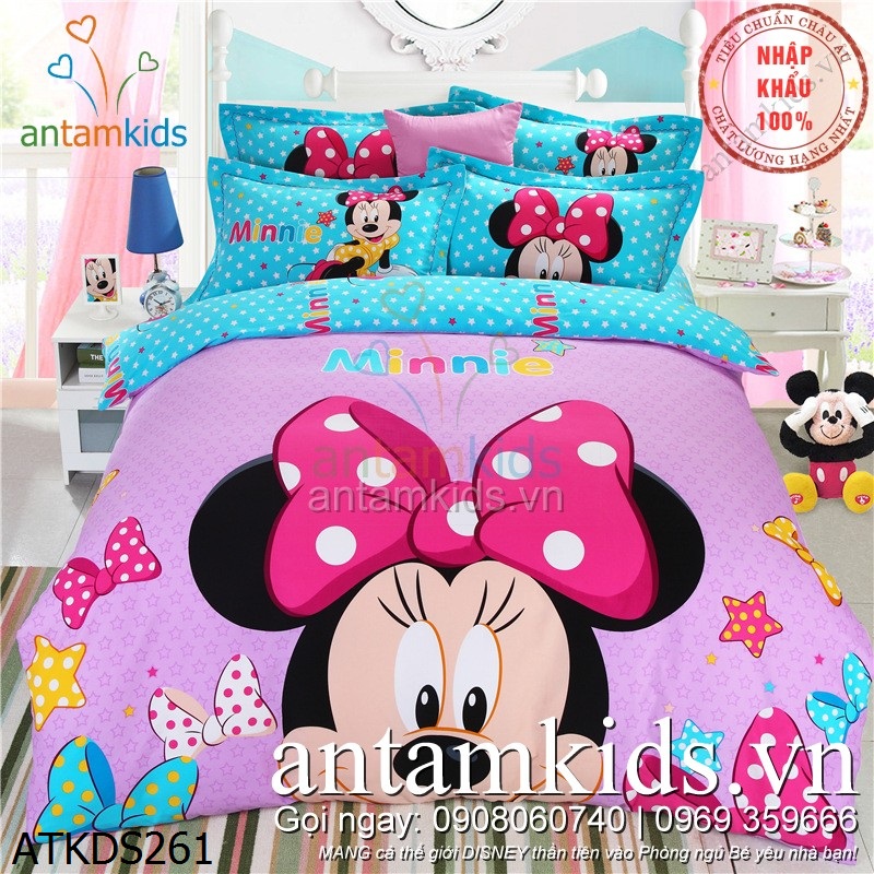 Bộ Drap mền gối chuột Minnie Mouse, chăn ga gối đệm Mickey hồng xinh cho bé gái