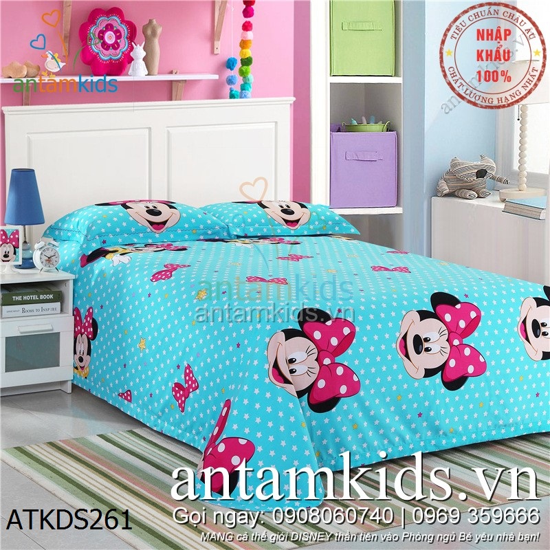 Bộ Drap mền gối chuột Minnie Mouse hồng xinh cho bé gái, ga trải giường xinh