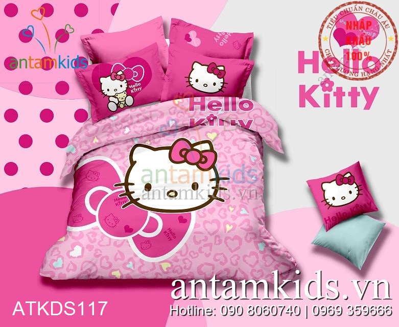 Bộ chăn ga gối Hello Kitty trái tim hồng siêu dễ thương cho en bé gái