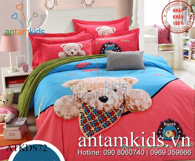 Chăn ga gối hình Gấu Teddy 3D Xanh Hồng ngộ nghĩnh cho bé yêu ATKDS72