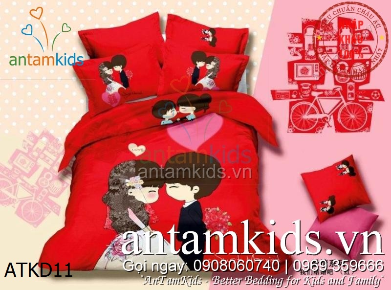 Chăn ga gối đệm hình cô dâu chú rể màu đỏ Red Nice Wedding siêu xinh