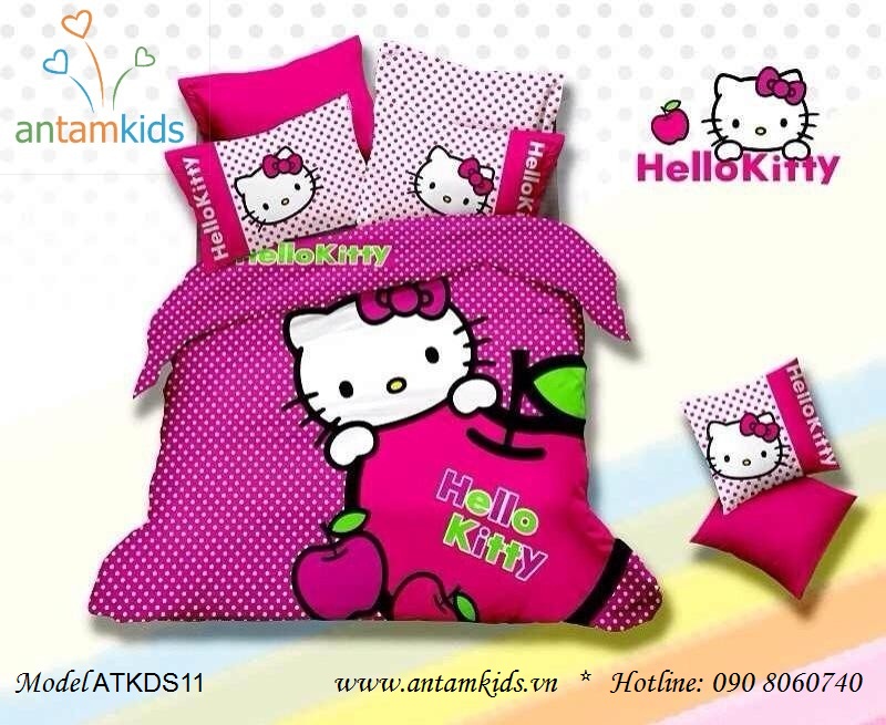 Chăn ga gối hình Hello Kitty chấm bi hồng cực dễ thương cho bé gái