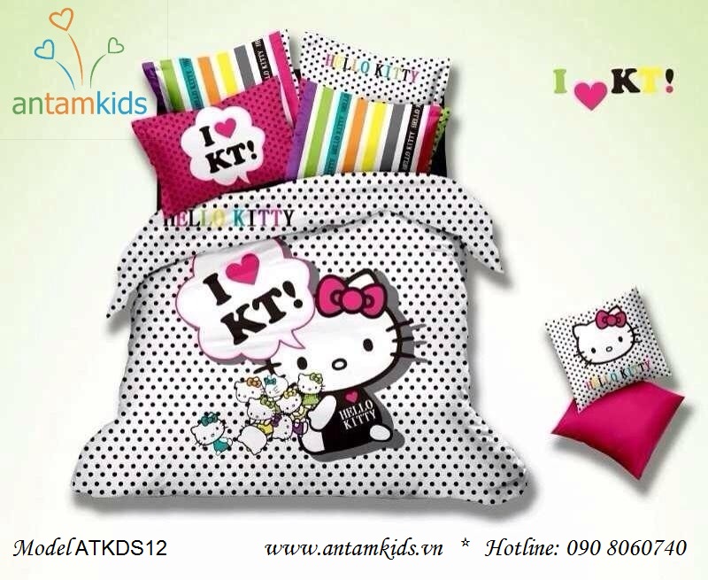 Chăn ga gối hình Hello Kitty chấm bi hồng cực dễ thương cho bé gái
